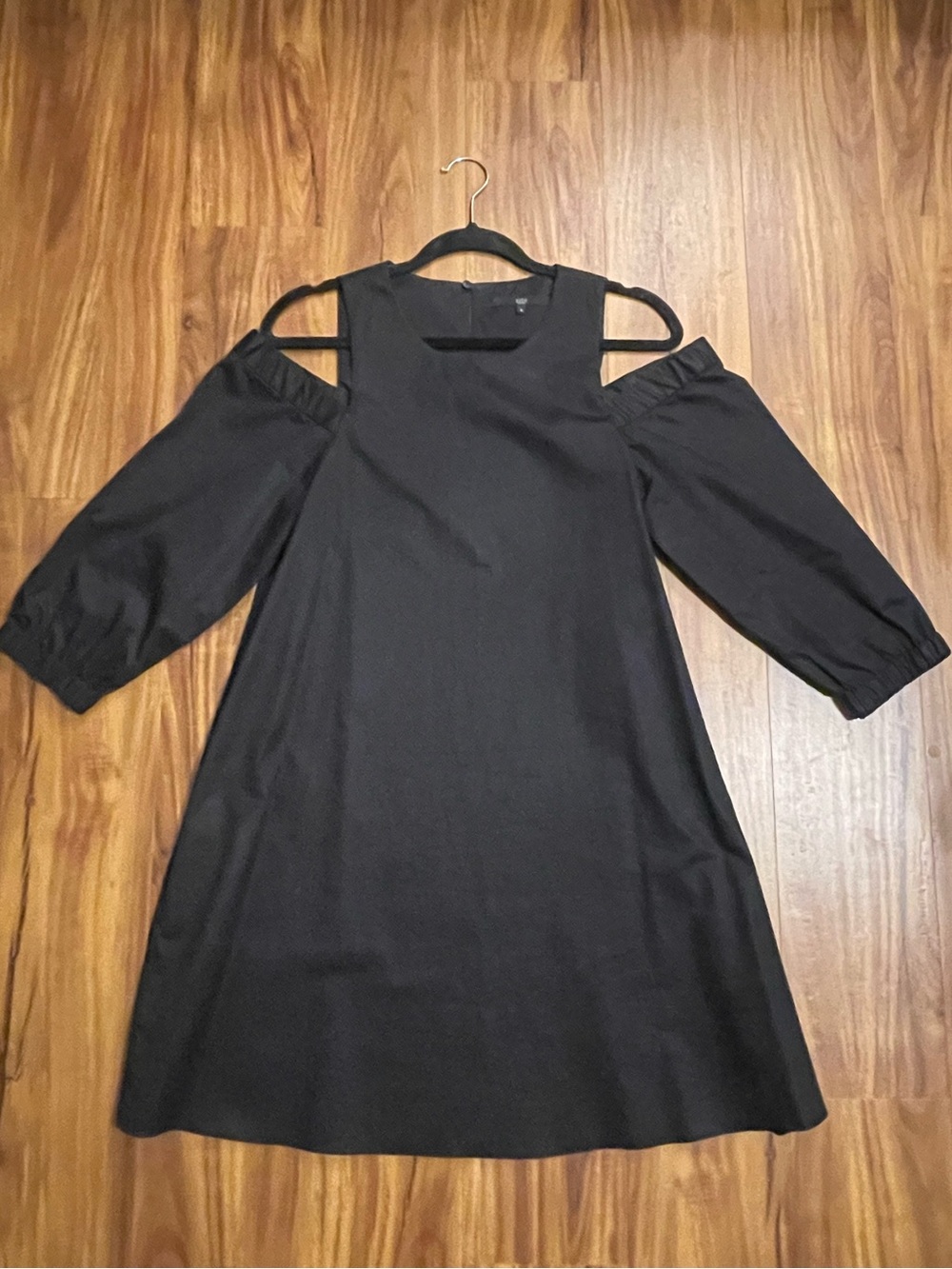 Tibi Black Cold-Shoulder A-Line Dress with Puff Sleeves